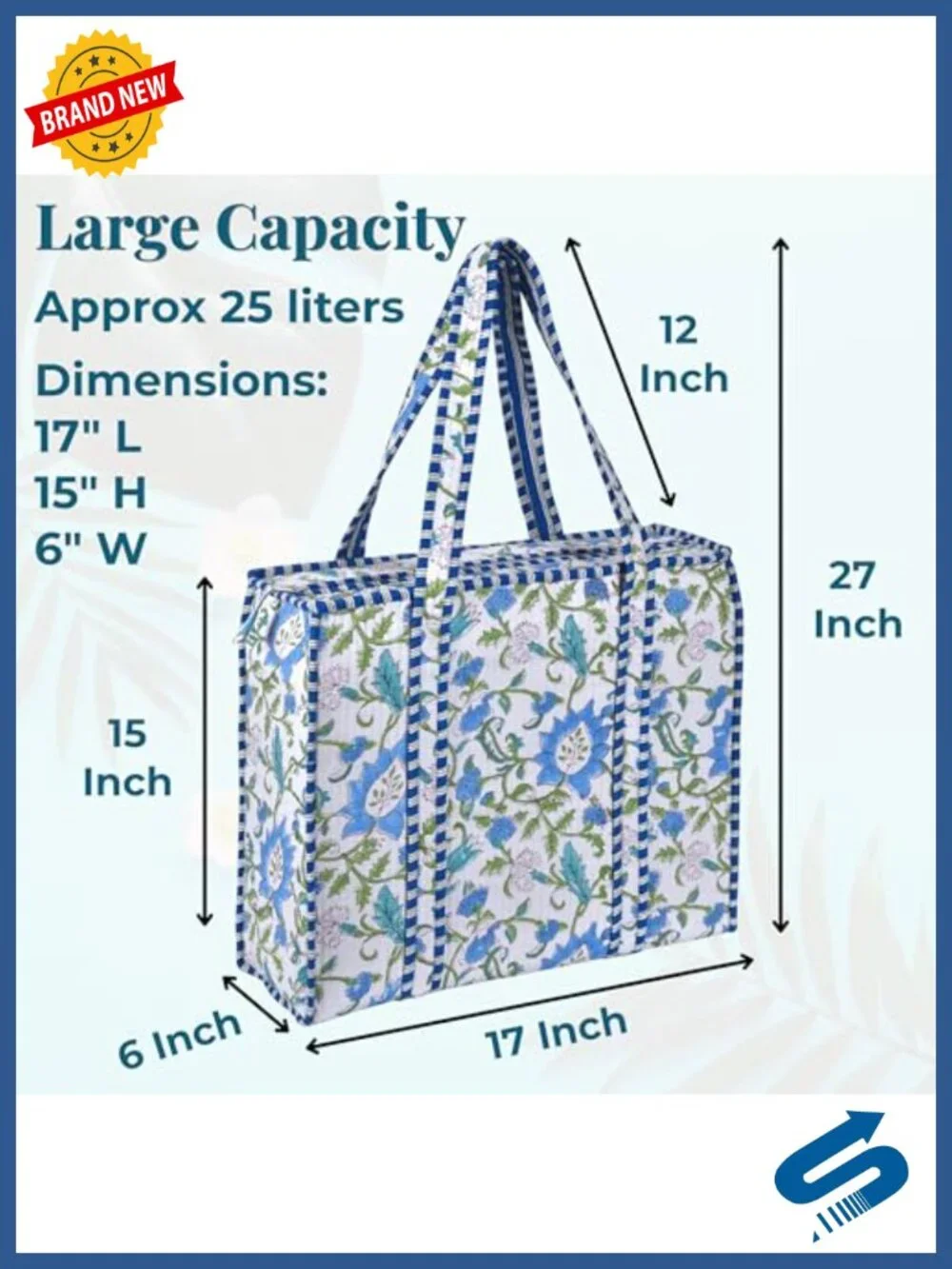 Quilted Cotton Tote Bag with Zipper - Large Block Print Shoulder Bag for Work